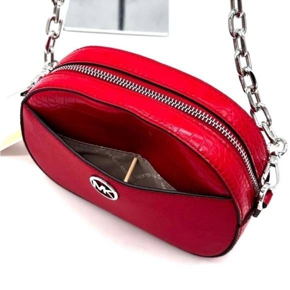 Michael Kors Large Jet Set Glam Leather Snakeskin Oval Crossbody Bag Red/Gold - Picture 7 of 10